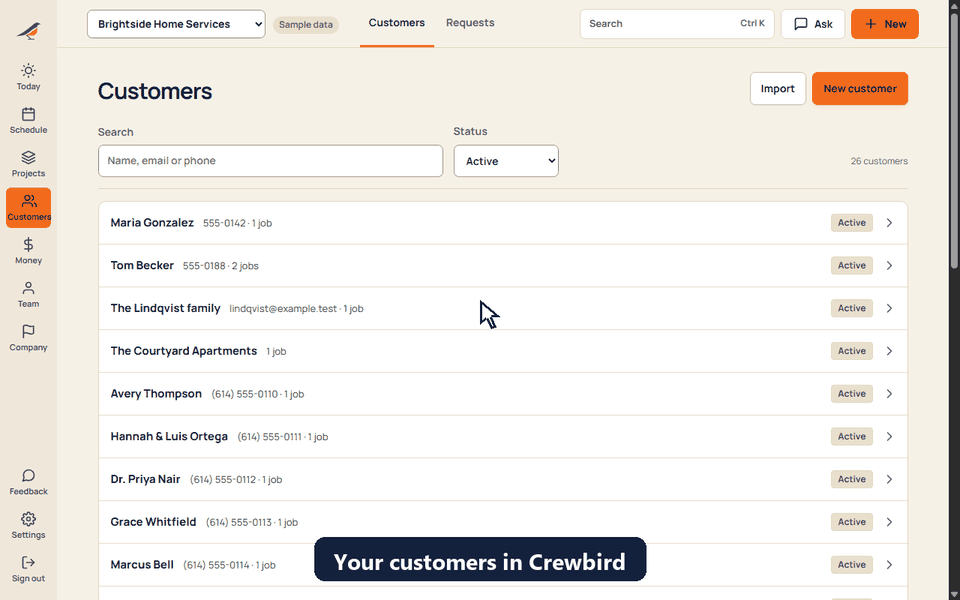 Importing a client list in Jobber’s export format into Crewbird: click Import, drop in the file, columns are matched, two duplicates are skipped and 38 customers come in.